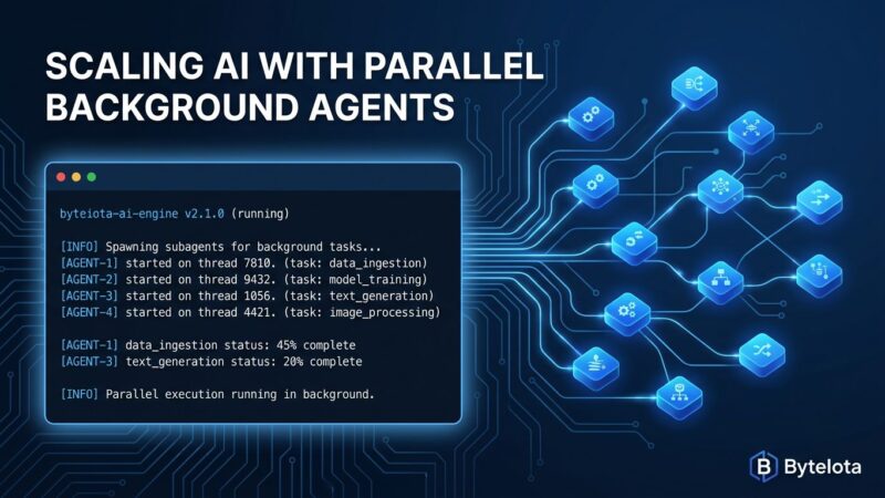 Claude Code background subagents running in parallel with glowing circuit nodes on dark blue background