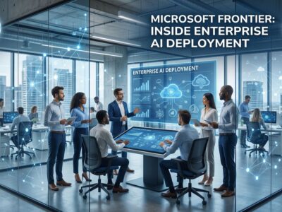 Microsoft Frontier Company engineers embedded in enterprise office with AI network visualization in blue and white