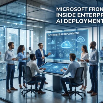 Microsoft Frontier Company engineers embedded in enterprise office with AI network visualization in blue and white