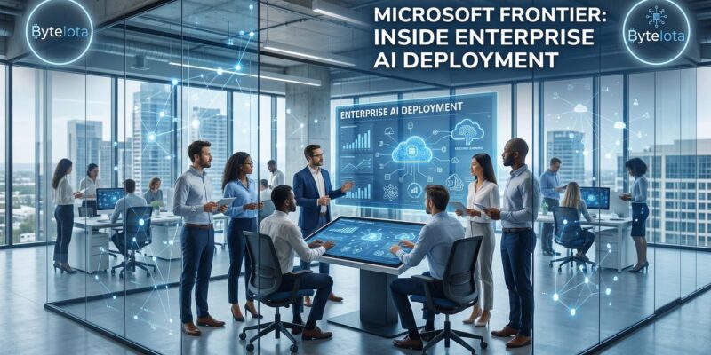 Microsoft Frontier Company engineers embedded in enterprise office with AI network visualization in blue and white