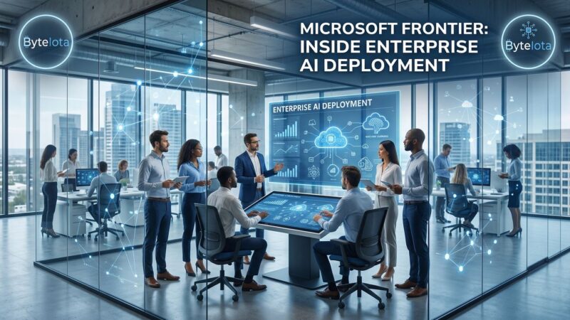 Microsoft Frontier Company engineers embedded in enterprise office with AI network visualization in blue and white
