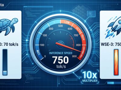 Data visualization comparing Cerebras WSE-3 at 750 tokens per second versus Nvidia H100 at 70 tokens per second for GPT-5.6 Sol inference