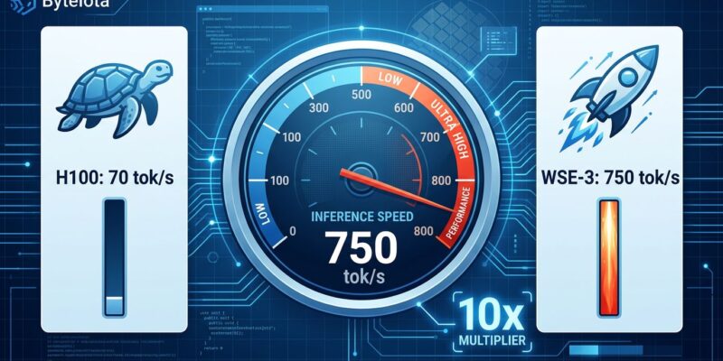 Data visualization comparing Cerebras WSE-3 at 750 tokens per second versus Nvidia H100 at 70 tokens per second for GPT-5.6 Sol inference
