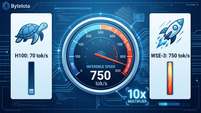 Data visualization comparing Cerebras WSE-3 at 750 tokens per second versus Nvidia H100 at 70 tokens per second for GPT-5.6 Sol inference