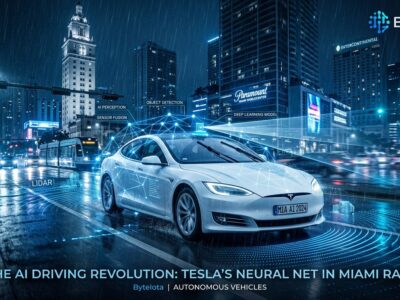 Tesla autonomous Model Y driving through heavy Miami rain with camera sensors and AI visualization overlay