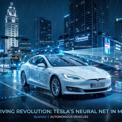 Tesla autonomous Model Y driving through heavy Miami rain with camera sensors and AI visualization overlay