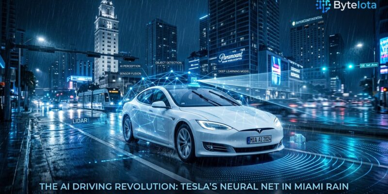 Tesla autonomous Model Y driving through heavy Miami rain with camera sensors and AI visualization overlay