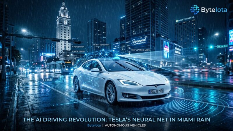 Tesla autonomous Model Y driving through heavy Miami rain with camera sensors and AI visualization overlay