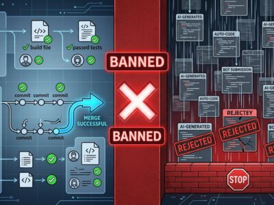 Split-screen illustration showing human code contributions on left being approved while AI-generated code flood is blocked by a red barrier on the right