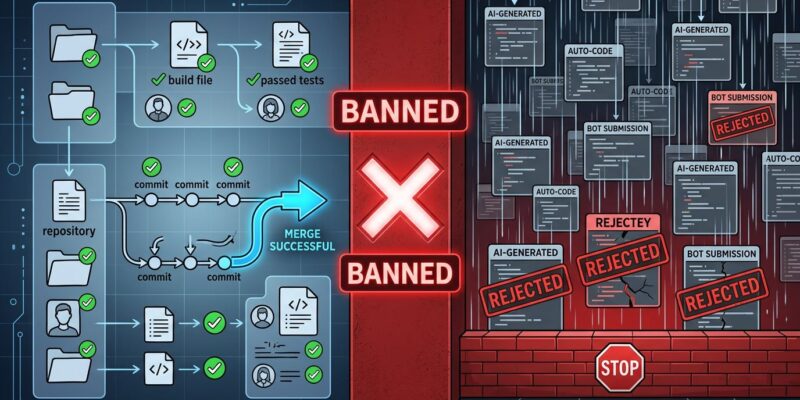 Split-screen illustration showing human code contributions on left being approved while AI-generated code flood is blocked by a red barrier on the right
