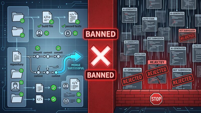 Split-screen illustration showing human code contributions on left being approved while AI-generated code flood is blocked by a red barrier on the right