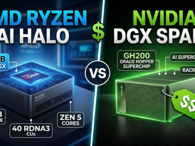 Split-screen comparison of AMD Ryzen AI Halo mini-PC versus NVIDIA DGX Spark developer AI box