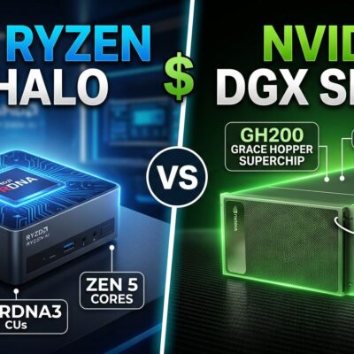 Split-screen comparison of AMD Ryzen AI Halo mini-PC versus NVIDIA DGX Spark developer AI box