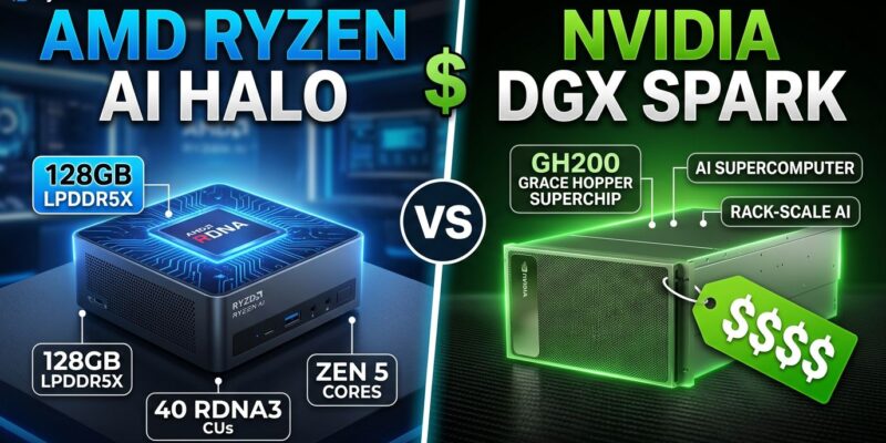 Split-screen comparison of AMD Ryzen AI Halo mini-PC versus NVIDIA DGX Spark developer AI box