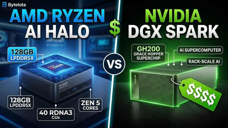 Split-screen comparison of AMD Ryzen AI Halo mini-PC versus NVIDIA DGX Spark developer AI box