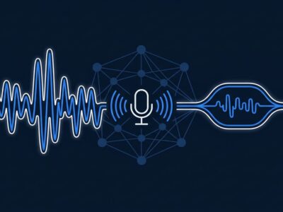 xAI Grok Voice Agent Builder interface showing a unified speech-to-speech model architecture with audio waveforms and neural network nodes on a dark blue background