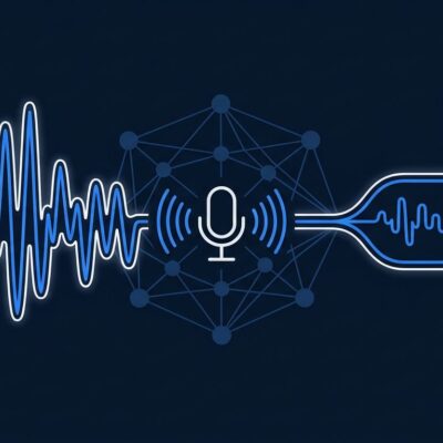 xAI Grok Voice Agent Builder interface showing a unified speech-to-speech model architecture with audio waveforms and neural network nodes on a dark blue background