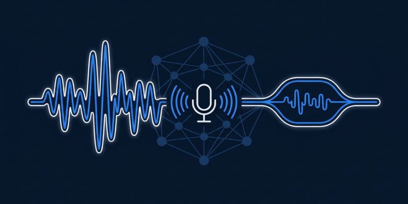 xAI Grok Voice Agent Builder interface showing a unified speech-to-speech model architecture with audio waveforms and neural network nodes on a dark blue background