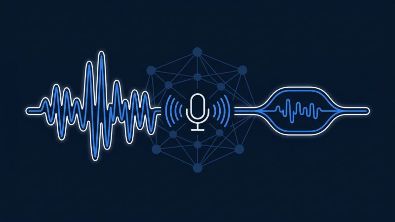 xAI Grok Voice Agent Builder interface showing a unified speech-to-speech model architecture with audio waveforms and neural network nodes on a dark blue background