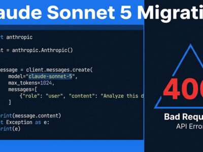 Python code editor showing claude-sonnet-5 API call with HTTP 400 error warning - Claude Sonnet 5 migration guide