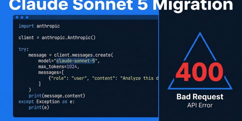 Python code editor showing claude-sonnet-5 API call with HTTP 400 error warning - Claude Sonnet 5 migration guide