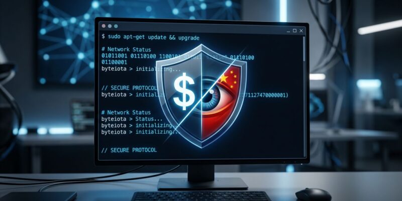 ZCode IDE terminal window with security shield showing free pricing vs China data risk