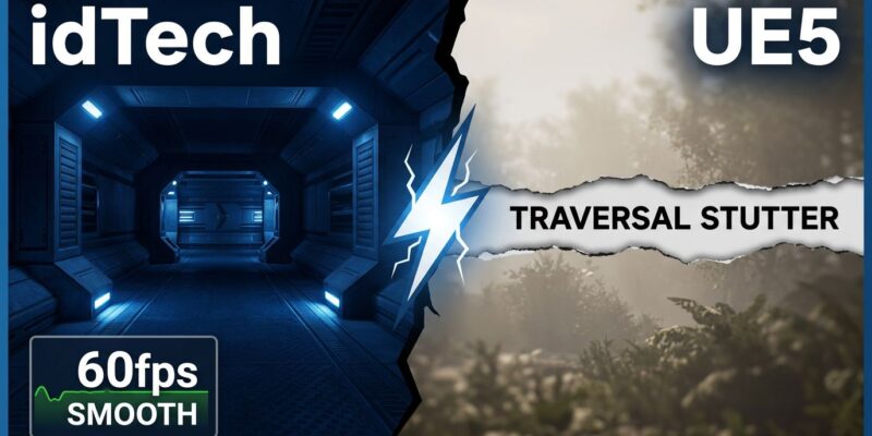 Split-screen comparison of idTech precise rendering versus UE5 generic aesthetics, representing the death of the idTech engine