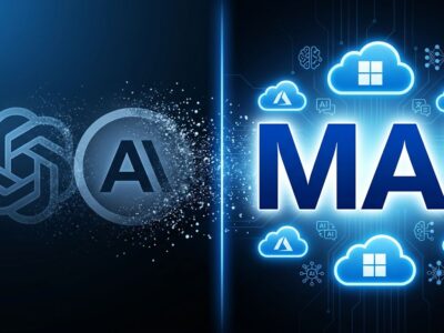 Split-screen illustration showing Microsoft MAI models replacing OpenAI and Anthropic in GitHub Copilot and Office apps