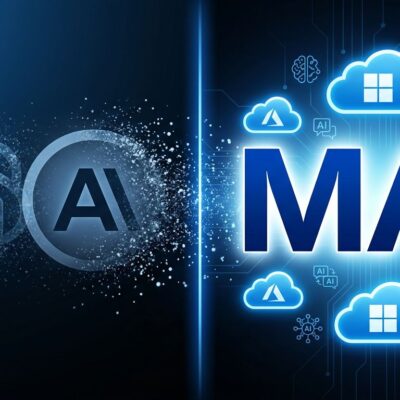 Split-screen illustration showing Microsoft MAI models replacing OpenAI and Anthropic in GitHub Copilot and Office apps