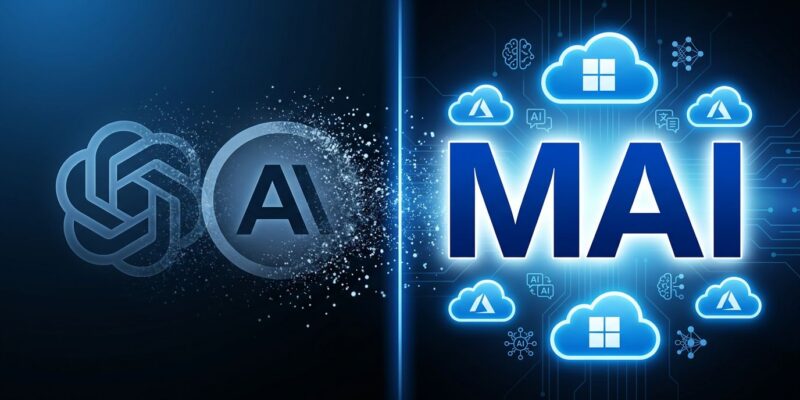 Split-screen illustration showing Microsoft MAI models replacing OpenAI and Anthropic in GitHub Copilot and Office apps