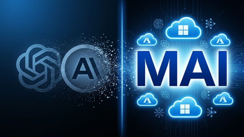 Split-screen illustration showing Microsoft MAI models replacing OpenAI and Anthropic in GitHub Copilot and Office apps
