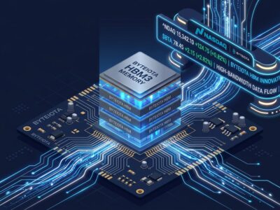 Isometric illustration of HBM memory chip stacks with circuit board and Nasdaq ticker display