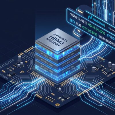 Isometric illustration of HBM memory chip stacks with circuit board and Nasdaq ticker display