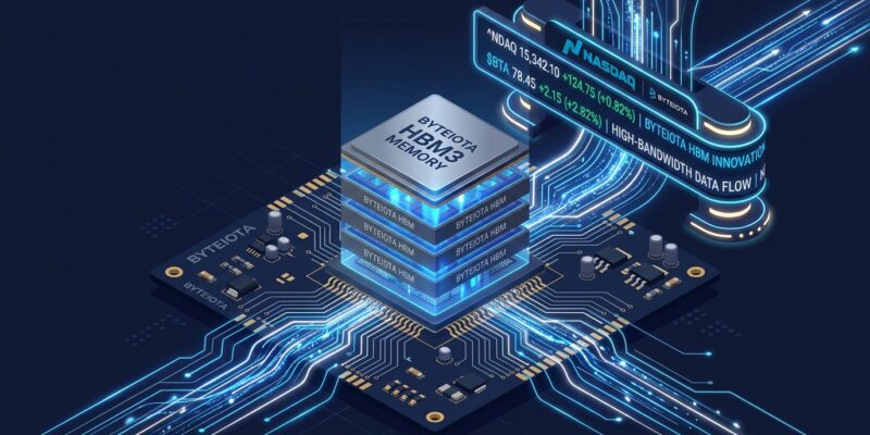Isometric illustration of HBM memory chip stacks with circuit board and Nasdaq ticker display