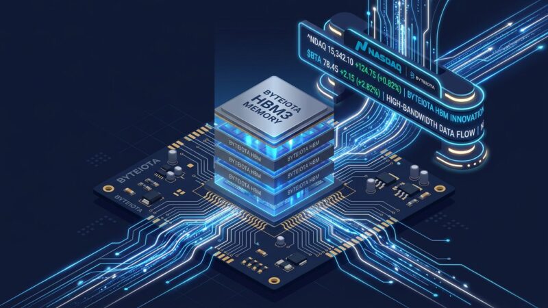Isometric illustration of HBM memory chip stacks with circuit board and Nasdaq ticker display