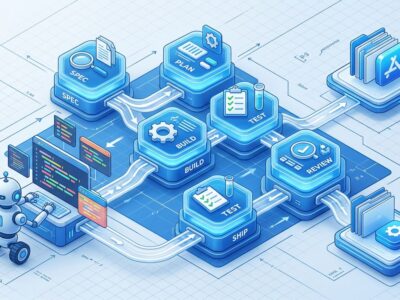 AI coding agent workflow pipeline diagram showing spec, plan, build, test, review, ship phases in isometric style with blue and white ByteIota branding