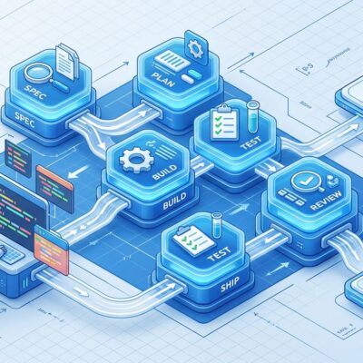 AI coding agent workflow pipeline diagram showing spec, plan, build, test, review, ship phases in isometric style with blue and white ByteIota branding