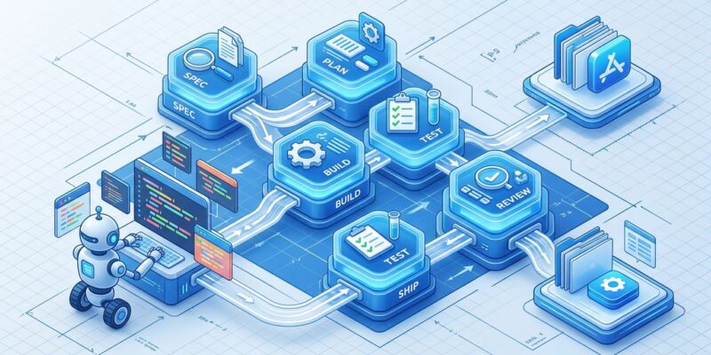 AI coding agent workflow pipeline diagram showing spec, plan, build, test, review, ship phases in isometric style with blue and white ByteIota branding