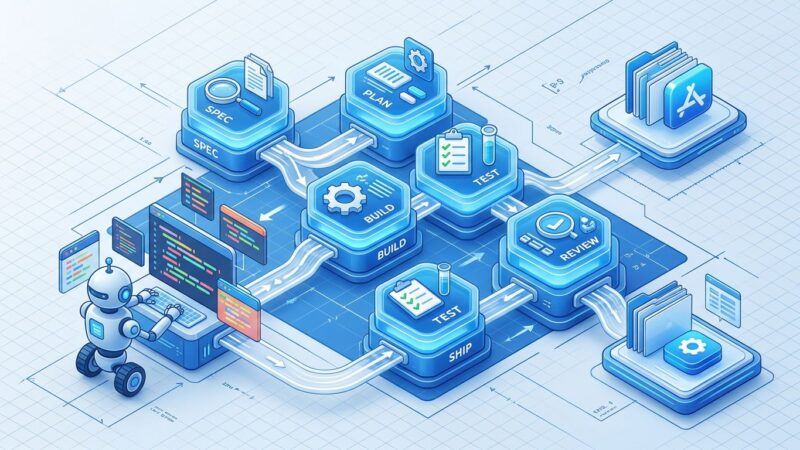 AI coding agent workflow pipeline diagram showing spec, plan, build, test, review, ship phases in isometric style with blue and white ByteIota branding