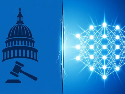 Split-screen illustration of Illinois government authority and AI neural network symbolizing the first US frontier AI audit law