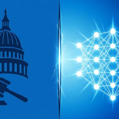 Split-screen illustration of Illinois government authority and AI neural network symbolizing the first US frontier AI audit law