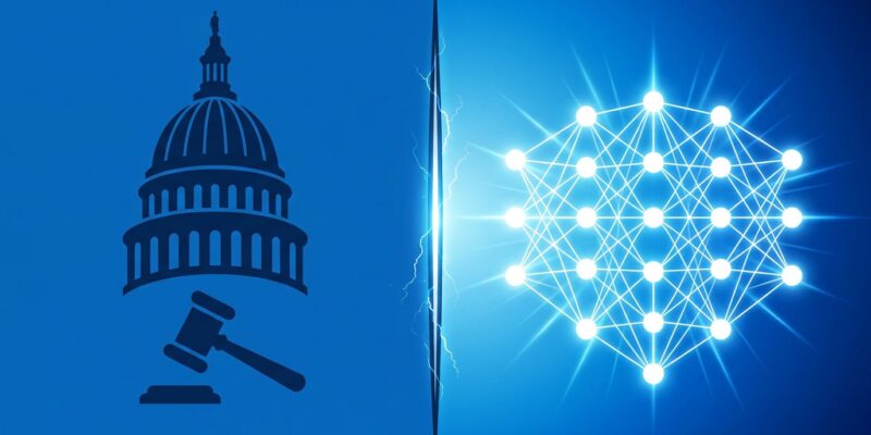 Split-screen illustration of Illinois government authority and AI neural network symbolizing the first US frontier AI audit law