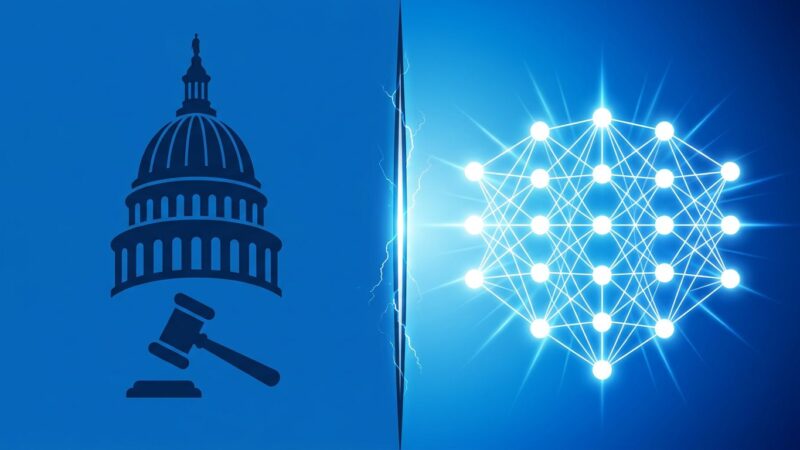 Split-screen illustration of Illinois government authority and AI neural network symbolizing the first US frontier AI audit law