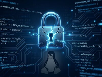 GhostLock CVE-2026-43499: cracked padlock over Linux penguin silhouette representing the kernel vulnerability and container escape