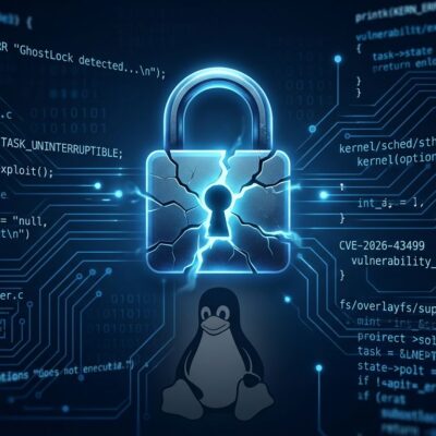 GhostLock CVE-2026-43499: cracked padlock over Linux penguin silhouette representing the kernel vulnerability and container escape