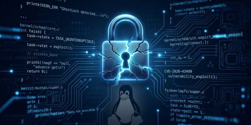 GhostLock CVE-2026-43499: cracked padlock over Linux penguin silhouette representing the kernel vulnerability and container escape