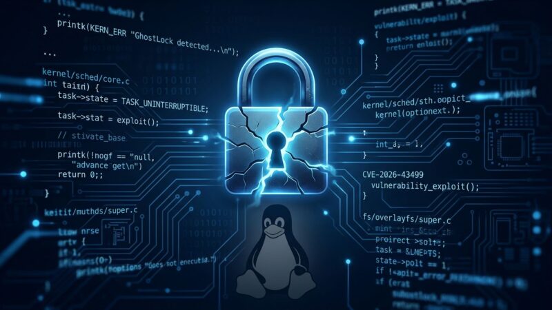 GhostLock CVE-2026-43499: cracked padlock over Linux penguin silhouette representing the kernel vulnerability and container escape