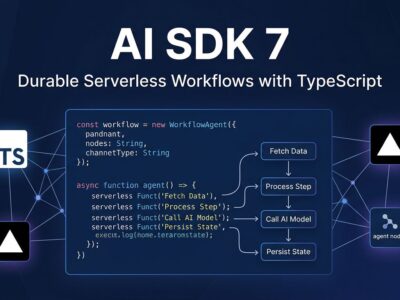 Vercel AI SDK 7 WorkflowAgent durable execution diagram showing TypeScript agents connecting to serverless infrastructure