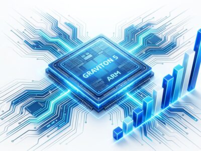 AWS Graviton5 ARM processor chip with blue circuit board patterns and performance benchmark graphs on white background