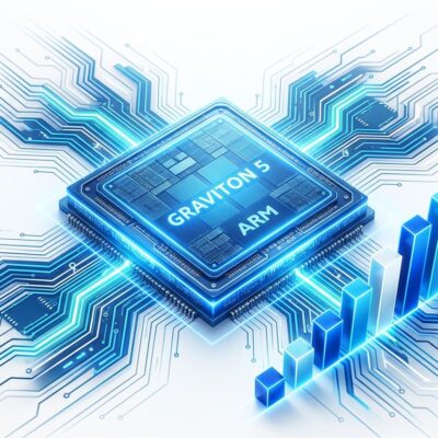 AWS Graviton5 ARM processor chip with blue circuit board patterns and performance benchmark graphs on white background